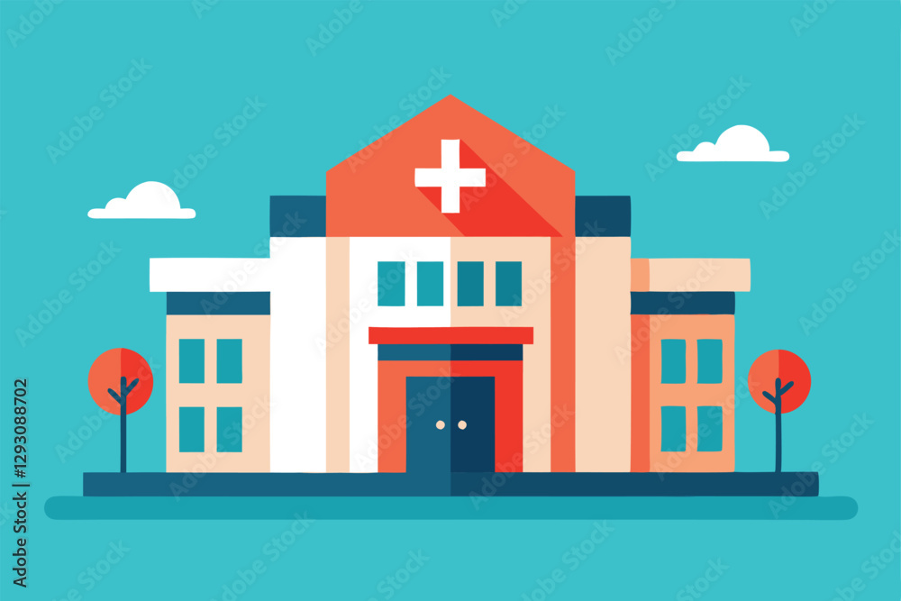 A vibrant hospital structure features a red cross, flanked by trees and under a clear blue sky, Simple yet impactful representation of a healthcare facility A vibrant hospital structure features a red cross, flanked by trees and under a clear blue sky, Simple yet impactful representation of a healthcare facility