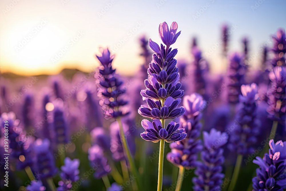 Fototapeta premium Vibrant Lavender Field Blooming Under Golden Sunset Light with Soft Focus and a Serene Summer Atmosphere Creating a Dreamy and Picturesque Floral Landscape