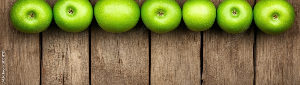 Fresh green apples are neatly arranged on a rustic wooden surface, creating a vibrant and natural display. Fresh green apples are neatly arranged on a rustic wooden surface, creating a vibrant and natural display.