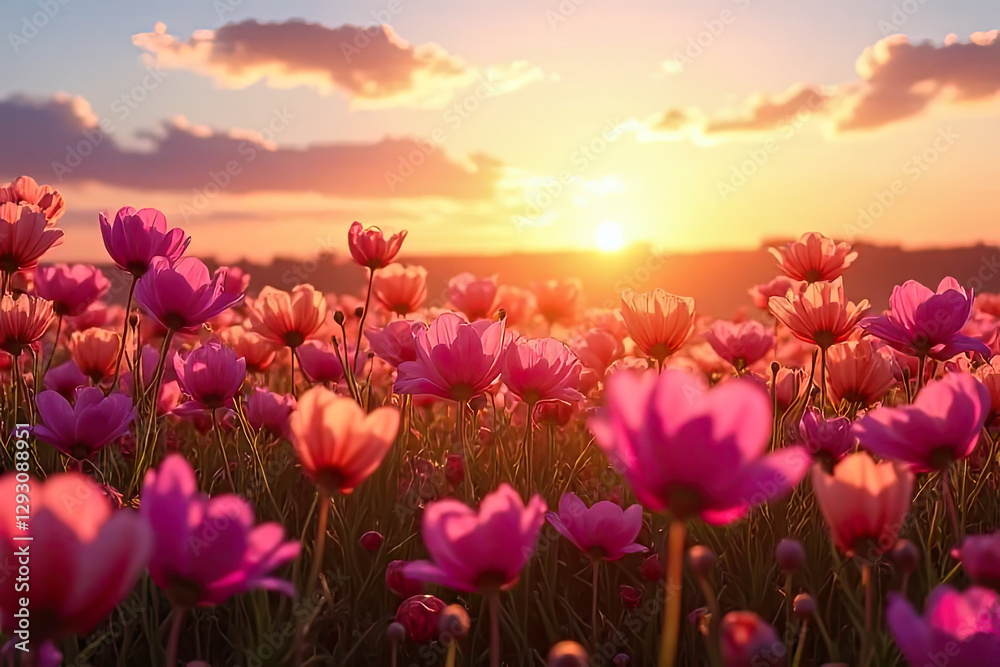 Fototapeta premium Vibrant Wildflower Meadow Blooming Under a Golden Sunset Sky with Soft Light and a Dreamy Summer Ambiance Creating a Serene and Picturesque Floral Landscape