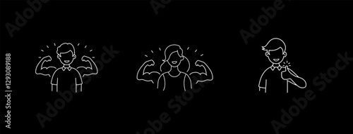 Icons representing strength, empowerment, and confidence. Features a strong man flexing muscles, a powerful woman showcasing strength, and a confident man giving a thumbs-up.