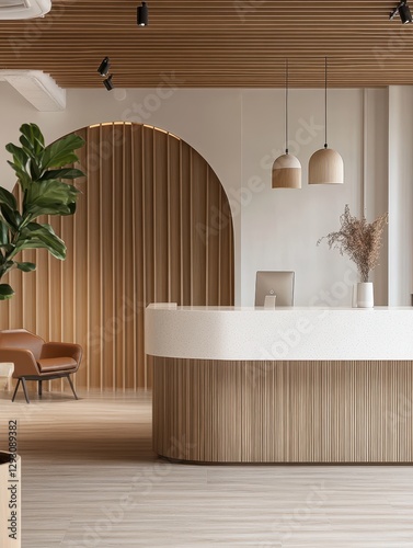 A reception area displays a modern aesthetic design