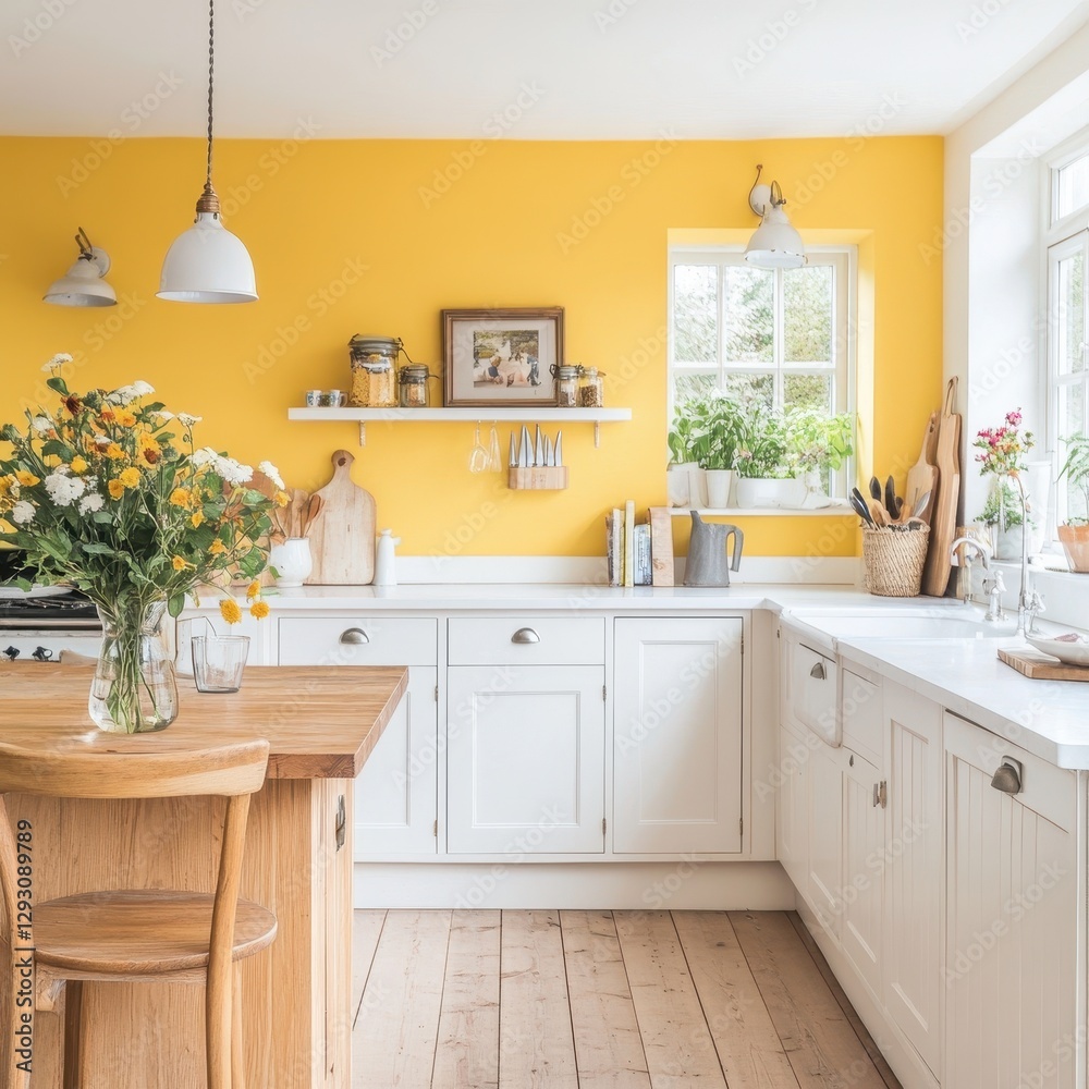 Fototapeta premium Kitchen space with a vivid yellow wall color and cabinets