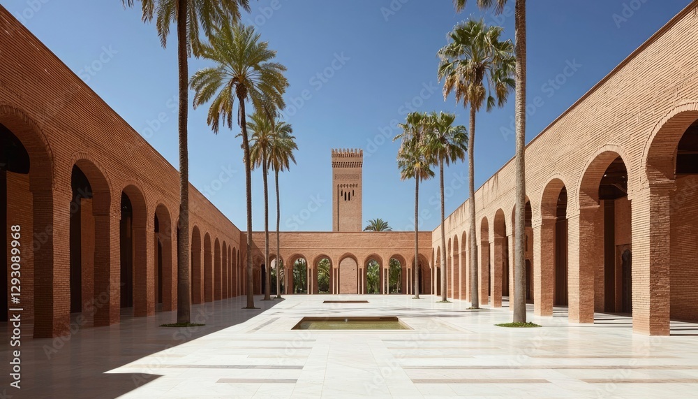 Fototapeta premium Brick courtyard with palm trees and tower under blue sky