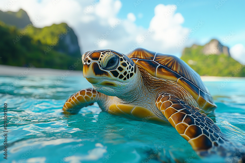 Fototapeta premium Majestic Sea Turtle Gliding Through Turquoise Waters Under Clear Skies