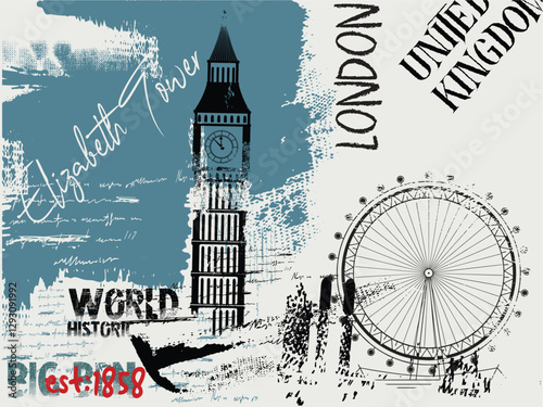illustration of world historic buildings in  London, hand drawn illustration of Big Ben, Urban  typography art, t shirt graphics print Elizabeth Tower illustration. typography street art graffiti slog