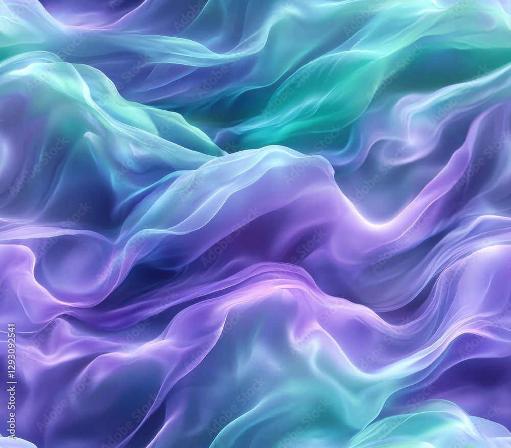 Obraz premium Smooth waves of purple, green, and blue create serene abstract pattern, Seamless Pattern Style.