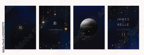 Luxury invitation card design vector set. Elegant wedding card with little star moon sun and space decorative on watercolor navy blue background. Design illustration for cover, poster, gala.
