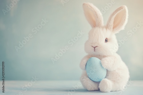 Easter concept: bunny doll holding a colorful egg in warm tones with space for text. Perfect for design, decoration, advertising and social media posts. photo