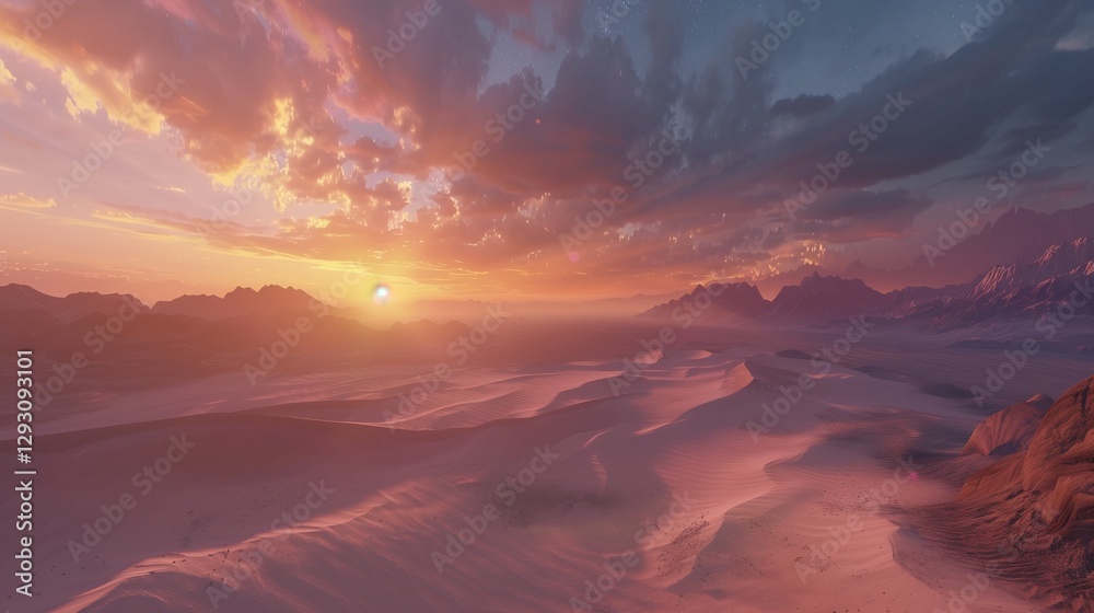 Fototapeta premium A sweeping desert landscape with rolling sand dunes stretching to the horizon under a vibrant sunset sky.