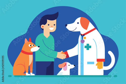 A pet owner shakes hands with a veterinarian while their dogs observe happily in a veterinary clinic, Symbolic representation of a pet and veterinarian handshake