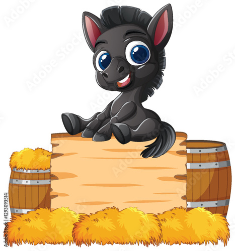 Cute Cartoon Donkey on Hay Bales