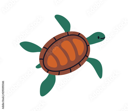Sea turtle swimming. Adorable marine reptile with flippers and shell, top view. Tropical exotic underwater animal. Cute aquatic wild ocean fauna. Flat vector illustration isolated on white background
