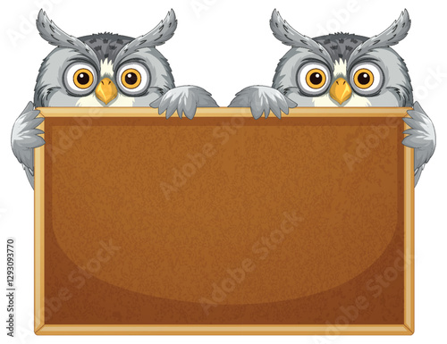 Owls Holding a Blank Wooden Sign