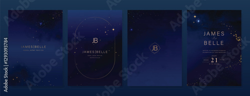 Luxury invitation card design vector set. Elegant wedding card with little star moon sun and space decorative on watercolor navy blue background. Design illustration for cover, poster, gala.