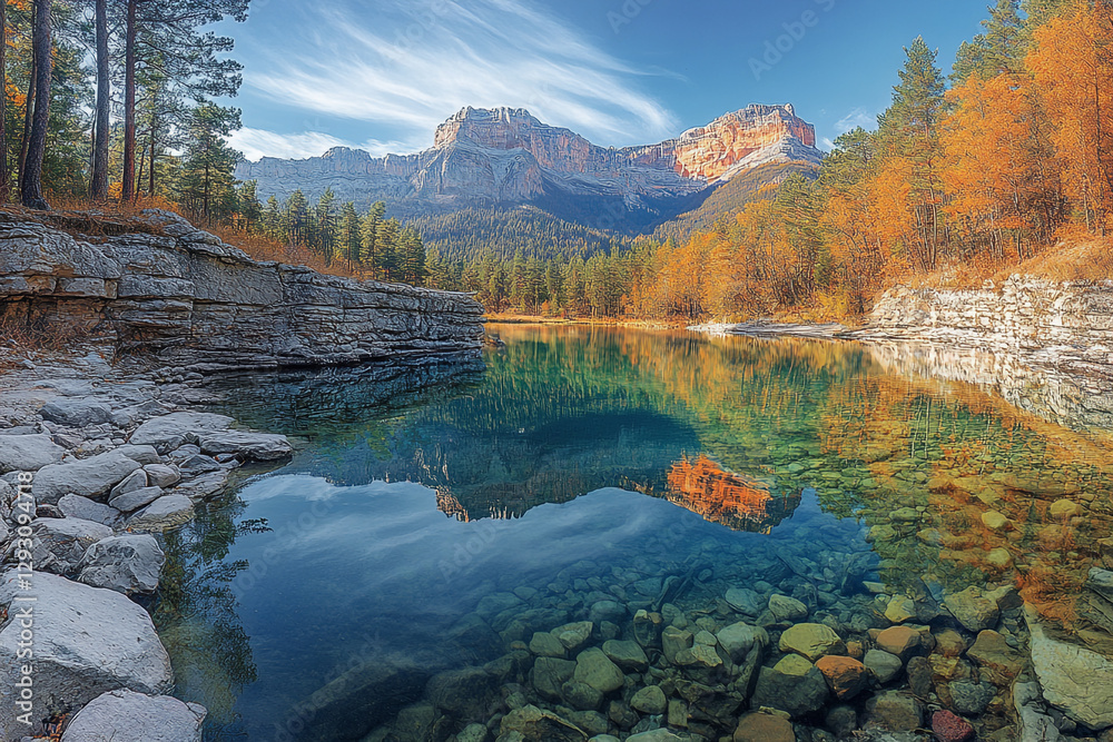 Naklejka premium Reflections of Mountain Majesty in a Crystal Clear Autumn Lake