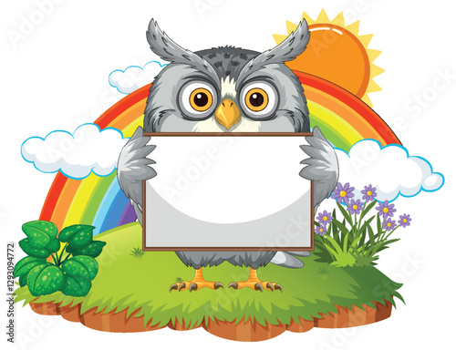 Owl Holding Sign with Rainbow Background
