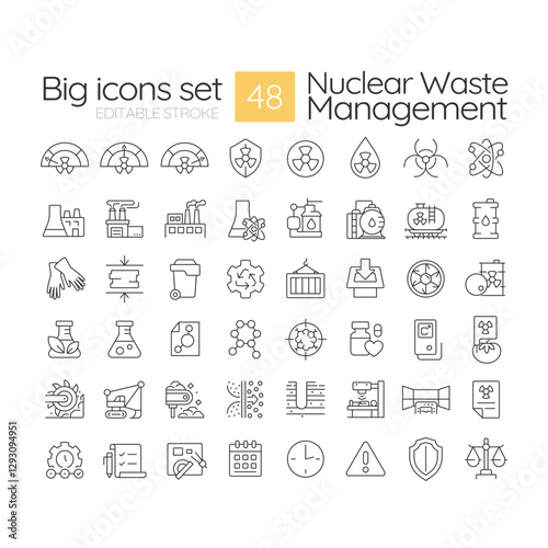 Nuclear waste management linear icons set. Dangerous radioactive materials control. Contamination prevention. Customizable thin line symbols. Isolated vector outline illustrations. Editable stroke