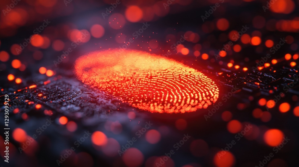 Abstract representation of a glowing fingerprint on a circuit board with luminous particles and technology theme Abstract representation of a glowing fingerprint on a circuit board with luminous particles and technology theme