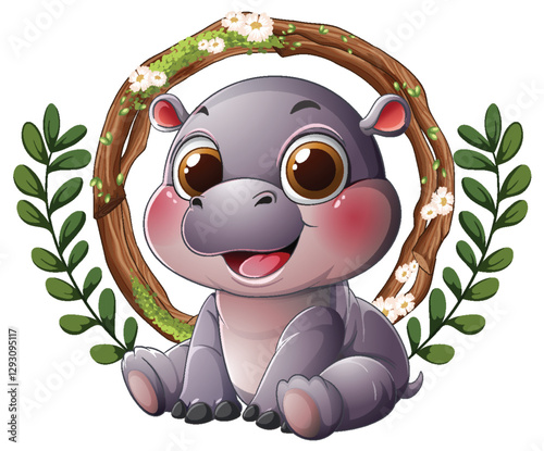 Adorable Baby Hippo with Floral Wreath