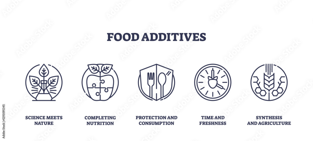 Fototapeta premium Food additives icons outline concepts like nutrition, protection, and synthesis. Outline icons set.