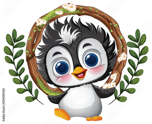 Cute Penguin with Floral Wreath