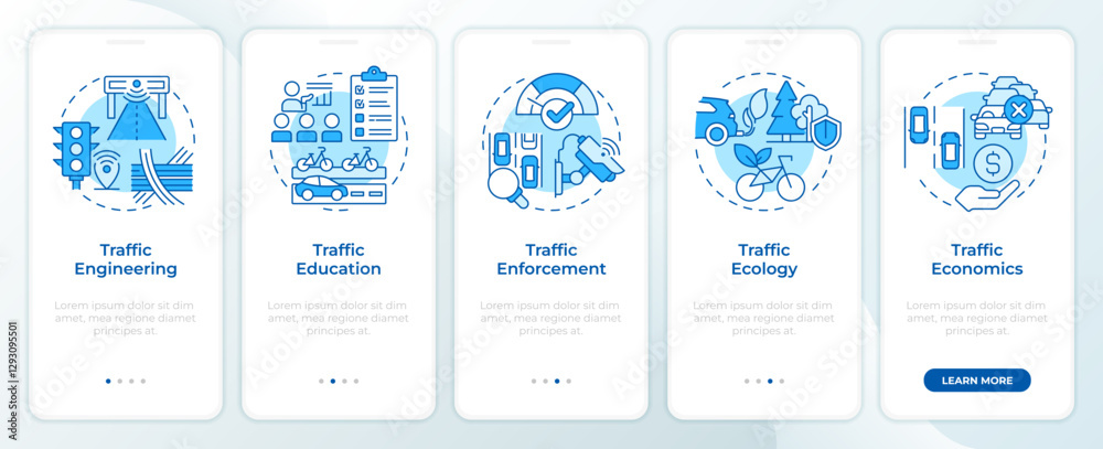 Traffic management pillars blue onboarding mobile app screen. Walkthrough 5 steps editable graphic instructions with linear concepts. UI, UX, GUI template. Montserrat SemiBold, Regular fonts used Traffic management pillars blue onboarding mobile app screen. Walkthrough 5 steps editable graphic instructions with linear concepts. UI, UX, GUI template. Montserrat SemiBold, Regular fonts used