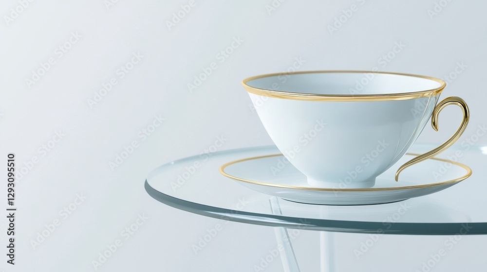 Fototapeta premium A Delicate White Porcelain Tea Cup with a Golden Rim, Exquisitely Crafted for an Elegant Tea Time