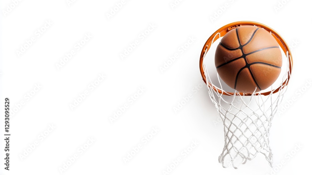Basketball Sinking into Hoop on Isolated Background, Sports Action Basketball Sinking into Hoop on Isolated Background, Sports Action