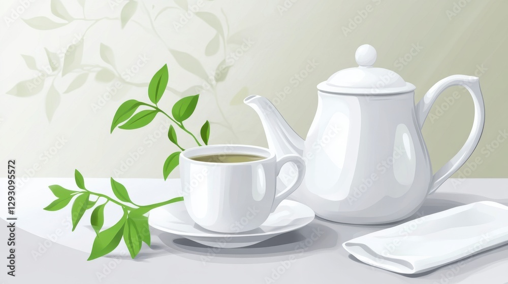 Fototapeta premium Serene Tea Time Scene: White Teapot and Cup with Green Leaves