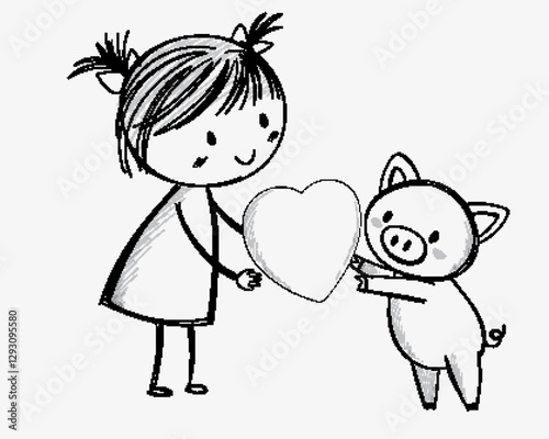 Girl and Pig Sharing a Heart