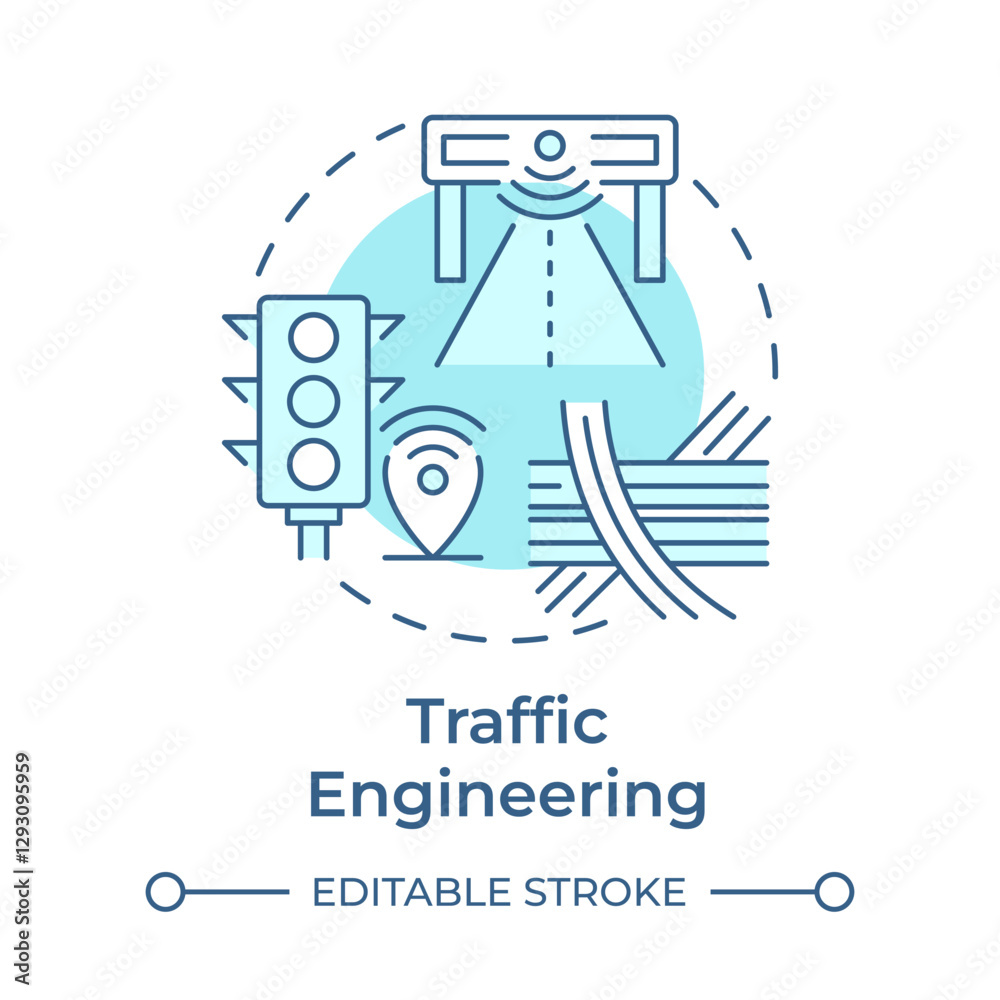 Traffic engineering soft blue concept icon. Designing and implementing infrastructure. Transport management. Round shape line illustration. Abstract idea. Graphic design. Easy to use in booklet Traffic engineering soft blue concept icon. Designing and implementing infrastructure. Transport management. Round shape line illustration. Abstract idea. Graphic design. Easy to use in booklet