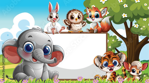 Cute Animals Gather Around a Sign