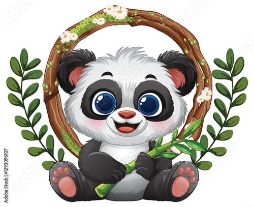 Cute Panda with Bamboo and Flowers