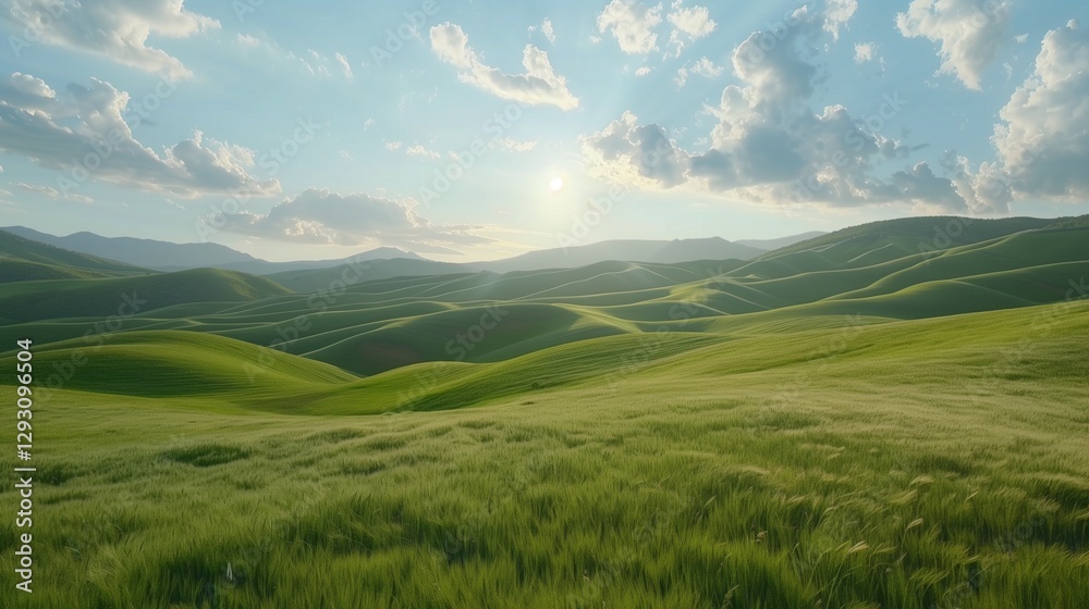 A vibrant green field surrounded by rolling hills, under a bright, sunny sky with scattered clouds. A vibrant green field surrounded by rolling hills, under a bright, sunny sky with scattered clouds.