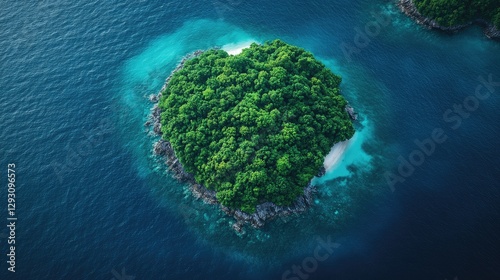 Aerial view of a secluded tropical island surrounded by vibrant turquoise waters and lush green vegetation