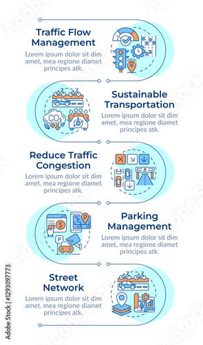 Benefits of traffic management infographic vertical sequence. Transport flow regulation system. Visualization infochart with 5 steps. Circles workflow. Montserrat SemiBold, Lato Regular fonts used
