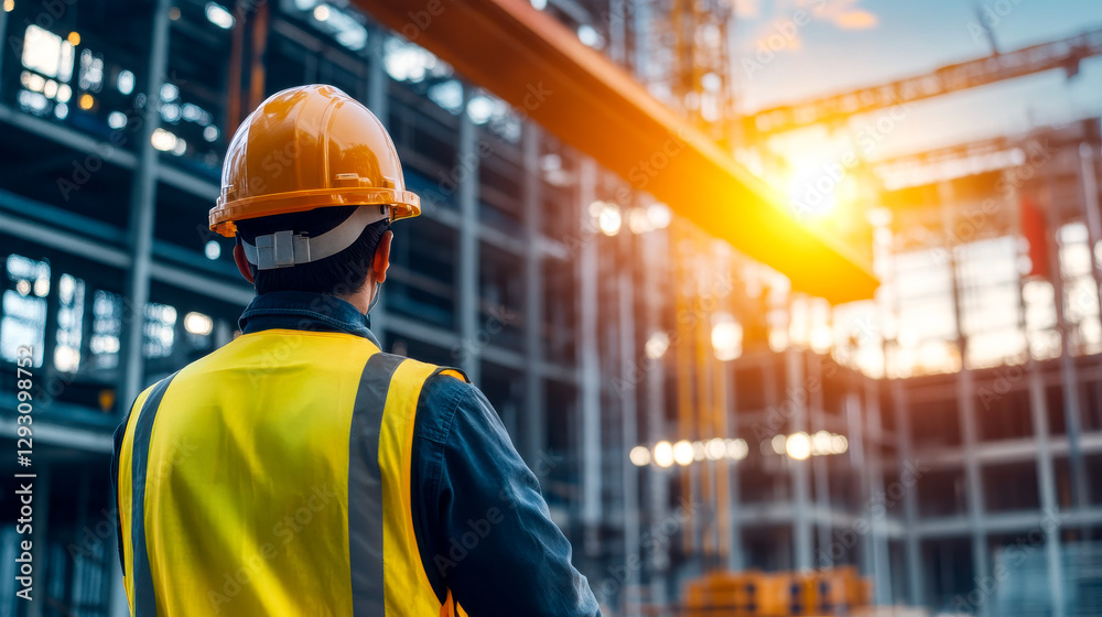 A construction worker observes a site at sunset, wearing a hard hat and safety vest, with cranes and building structures in the background. A construction worker observes a site at sunset, wearing a hard hat and safety vest, with cranes and building structures in the background.