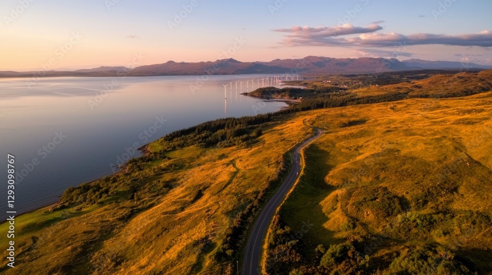 Fototapeta premium Coastal road winds through golden hills at sunset