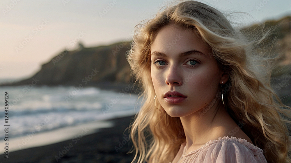 Portrait of a beautiful woman on a beach with black sand against the background of the sea. Romantic, calm and sensual photo of a girl in a delicate dress. Portrait of a beautiful woman on a beach with black sand against the background of the sea. Romantic, calm and sensual photo of a girl in a delicate dress.