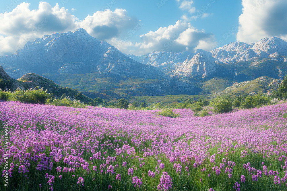 Lavender Meadow Majesty, Mountain Vista with Violet Floral Splendor