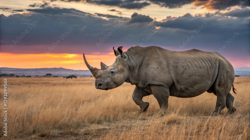Fototapeta premium a majestic rhino walking across an open savanna, silhouetted against a vibrant sunset. The rhino's horn and thick skin are visible as it strides through the golden grass