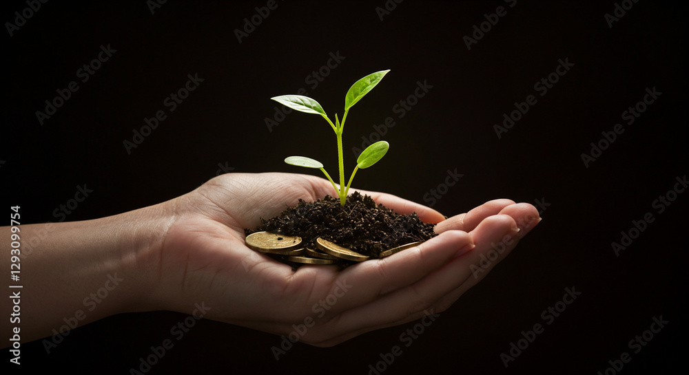 Close-up of a woman's hand holding metallic coins, with soil gently cradled in her palm. A delicate sprout emerges from the soil, not from the coins, beautifully illuminated against a dark background.