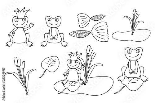 Black and white line art of frogs, fish, lily pads, and pond plants, including a frog prince, perfect for kids coloring fun.