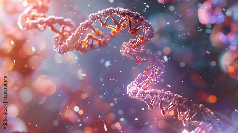 Close-up View of Colorful DNA Double Helix Structure with Glowing Effects and Particles Close-up View of Colorful DNA Double Helix Structure with Glowing Effects and Particles