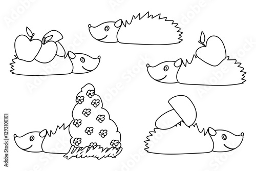 Black and white line art of adorable hedgehogs carrying apples, mushrooms, and flowers, perfect for kids coloring activities.