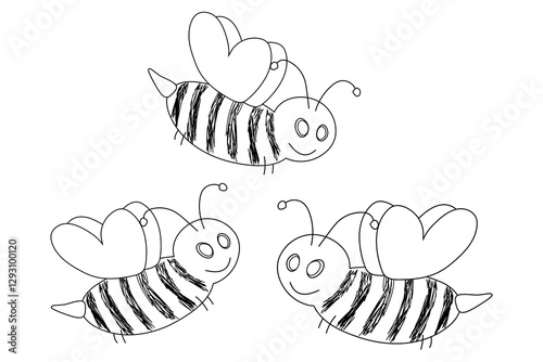 Black-and-white outline drawing of three adorable bees with heart-shaped wings, designed as a fun coloring page.