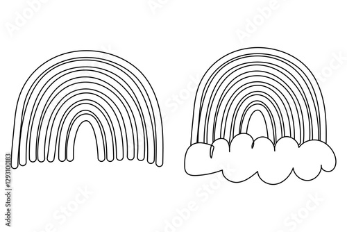 Black and white outline drawing of a simple rainbow and cloud. Perfect for coloring, kids activities, and educational worksheets.