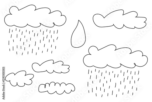 Black and white coloring page featuring various clouds, some with rain, and a large raindrop in a simple doodle style.