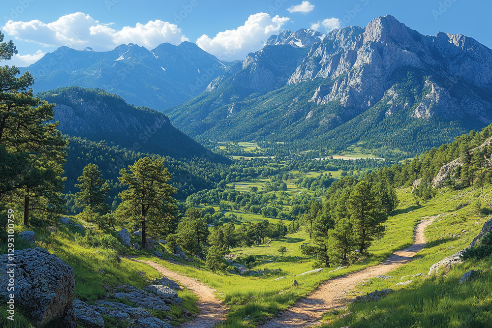 Fototapeta premium Sunlit Paths and Mountain Vistas, A Tranquil Landscape Experience